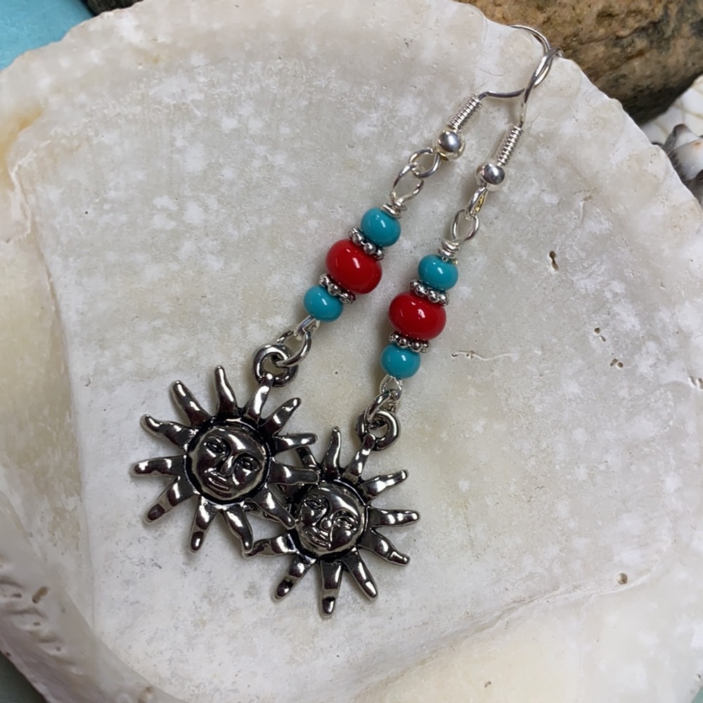 Festive silver sun medallion earrings red turquoise summer handmade rustic